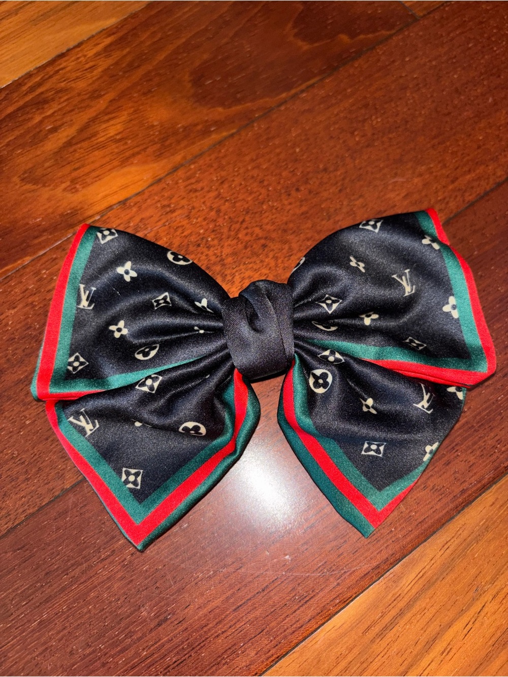 Designer-Style Black Satin Bow Hair Clip with Red & Green Trim